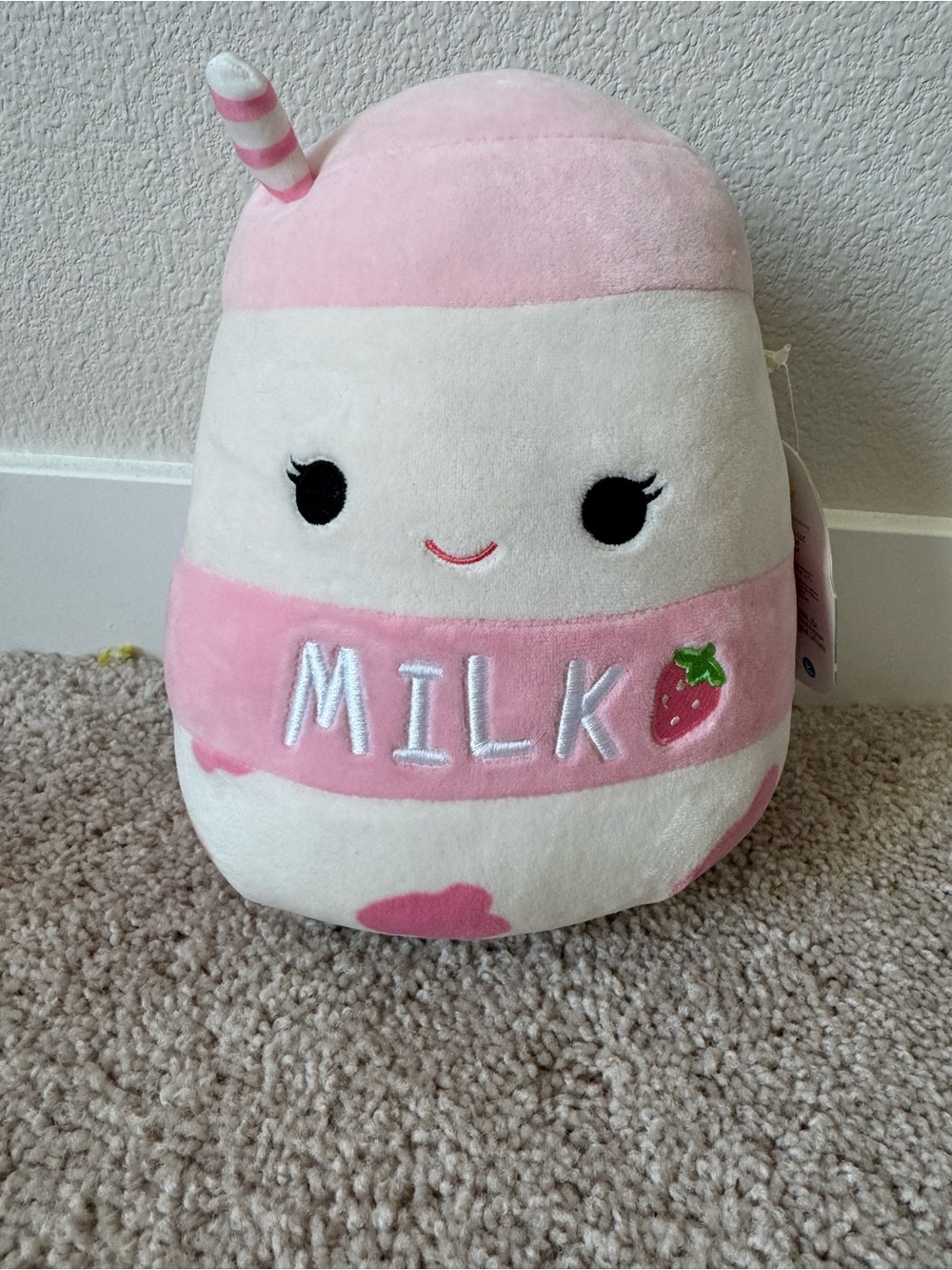 Squishmallows Pink & White Strawberry Milk Plush Bottle